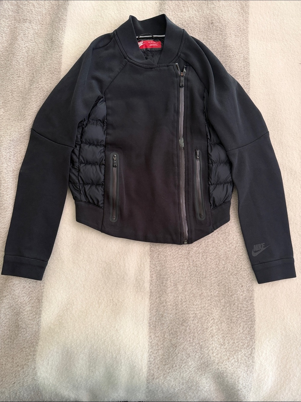 Womens NIKE TECH Black 800 Fill Feather Down Aeroloft Moto Bomber Jacket XS (S1)